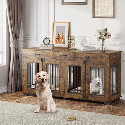 Dog Crate Furniture for 2 Dogs, 71" Large Double Dog Kennel with Removable Divider and 3 Drawers, Decorative TV Stand Side Table, Indoor Pet Cage House Rustic Brown