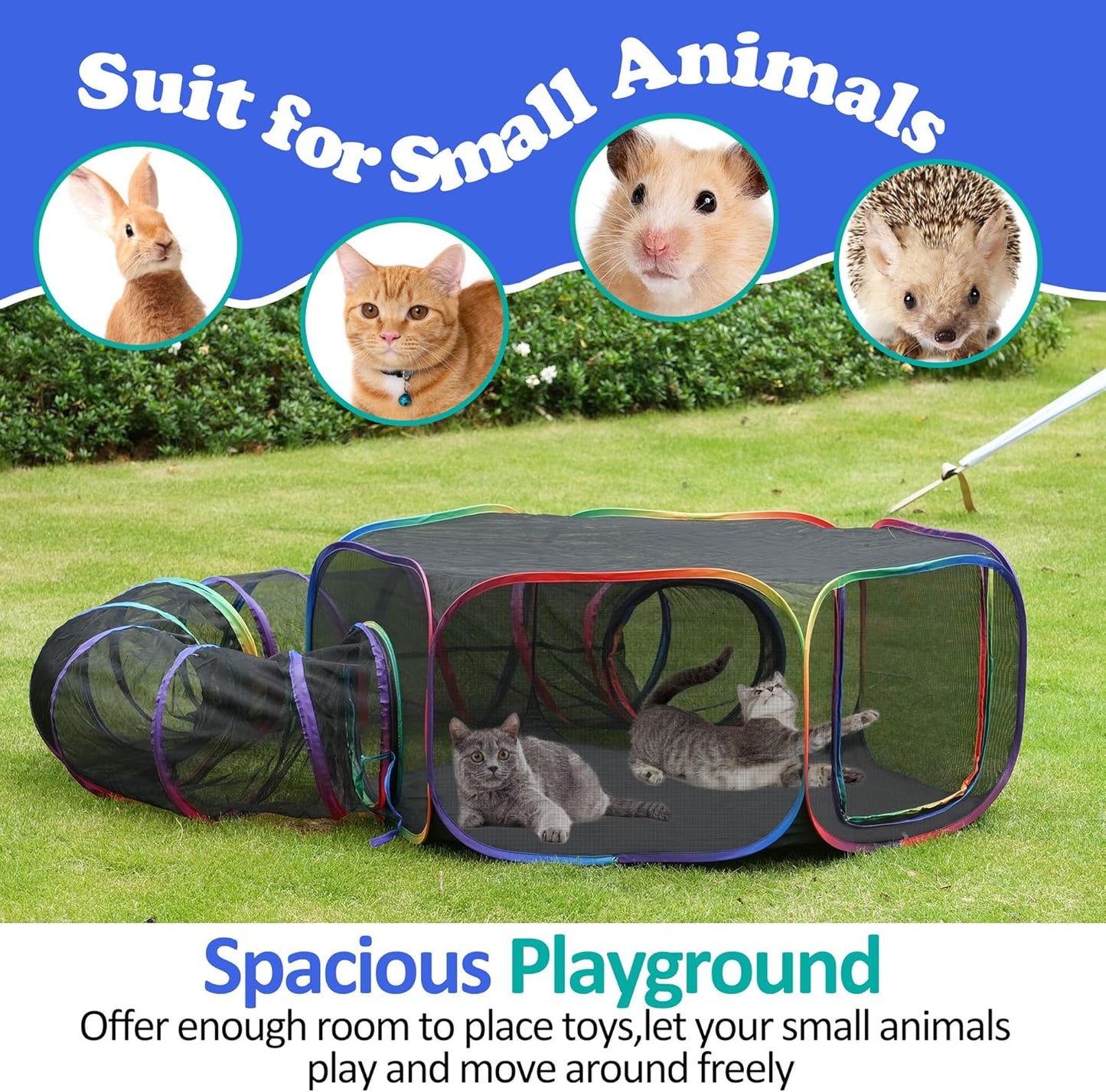 Outdoor Cat Enclosures, Portable Rainbow Catio Playground with Storage Bag & 4 Tent Stakes for Cats and Small Animals, Foldable Cat Playpen with Tunnel for Outside and Indoor Play