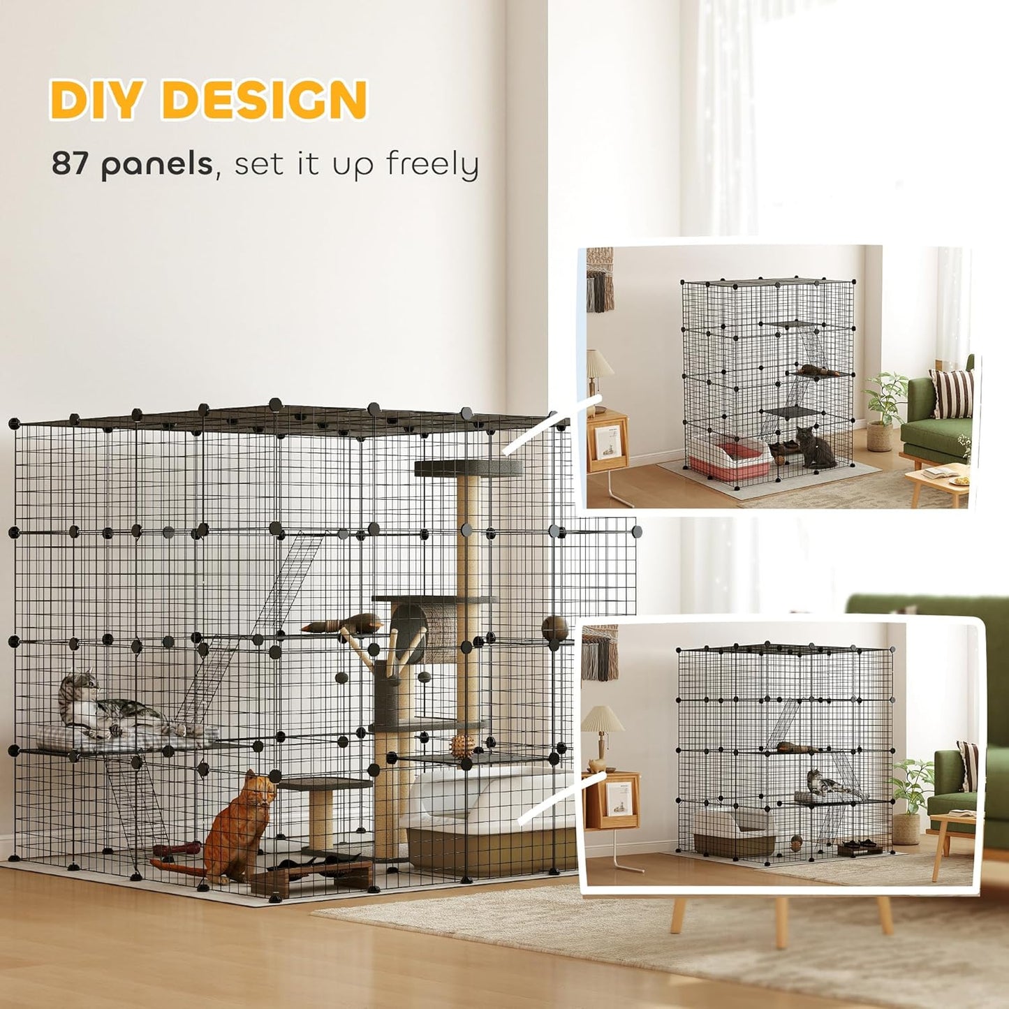 PawHut Cat Cage, 4 x 4 x 4 DIY 4 Tier Cat Enclosure, Detachable Wire Indoor Catio with Hammock, Jumping Platforms, Ramps, Doors, for 1-3 Kittens, 55" L x 55" W x 55" H, Black