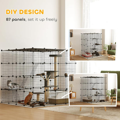 PawHut Cat Cage, 4 x 4 x 4 DIY 4 Tier Cat Enclosure, Detachable Wire Indoor Catio with Hammock, Jumping Platforms, Ramps, Doors, for 1-3 Kittens, 55" L x 55" W x 55" H, Black