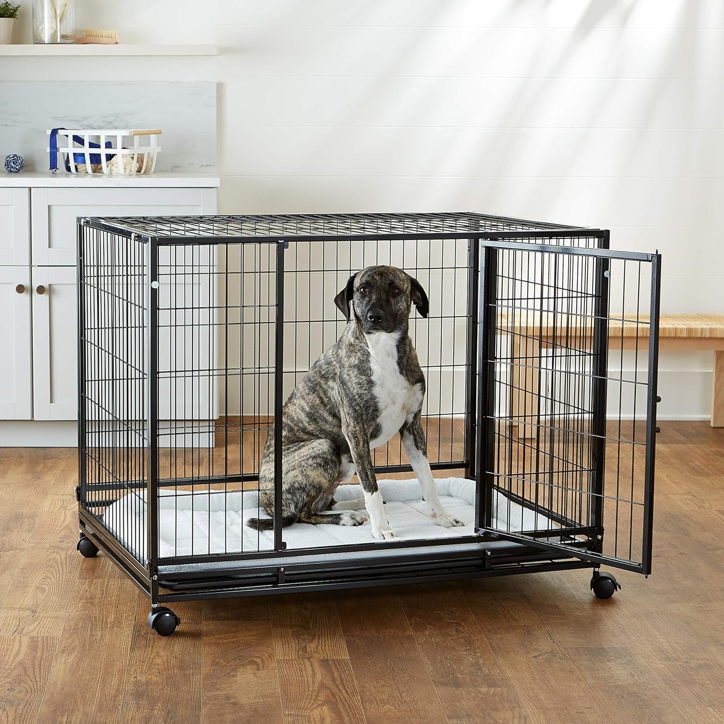 Amazon Basics - Portable Heavy Duty Stackable Dog Pet Kennel on Wheels with Tray, Black, 43.5" L x 29.8" W x 34.3" H