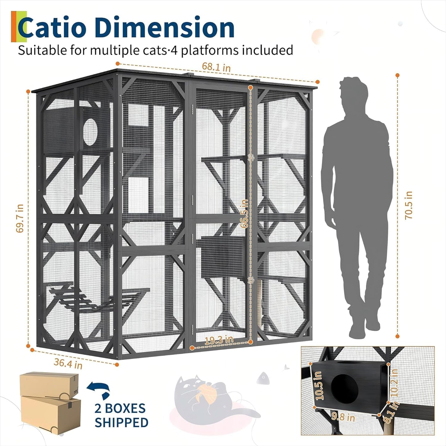 70 in Walk-in Catio with Window Access, Extra Large Outdoor Cat Enclosure for Multiple Cats, Waterproof Roof Cattery with Bridge and Scratching Post Outside Patio Cat Playpen Grey