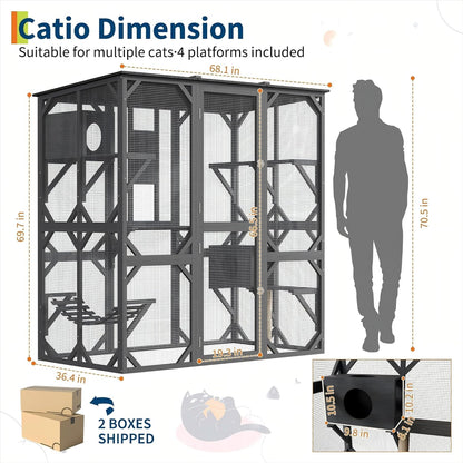 70 in Walk-in Catio with Window Access, Extra Large Outdoor Cat Enclosure for Multiple Cats, Waterproof Roof Cattery with Bridge and Scratching Post Outside Patio Cat Playpen Grey