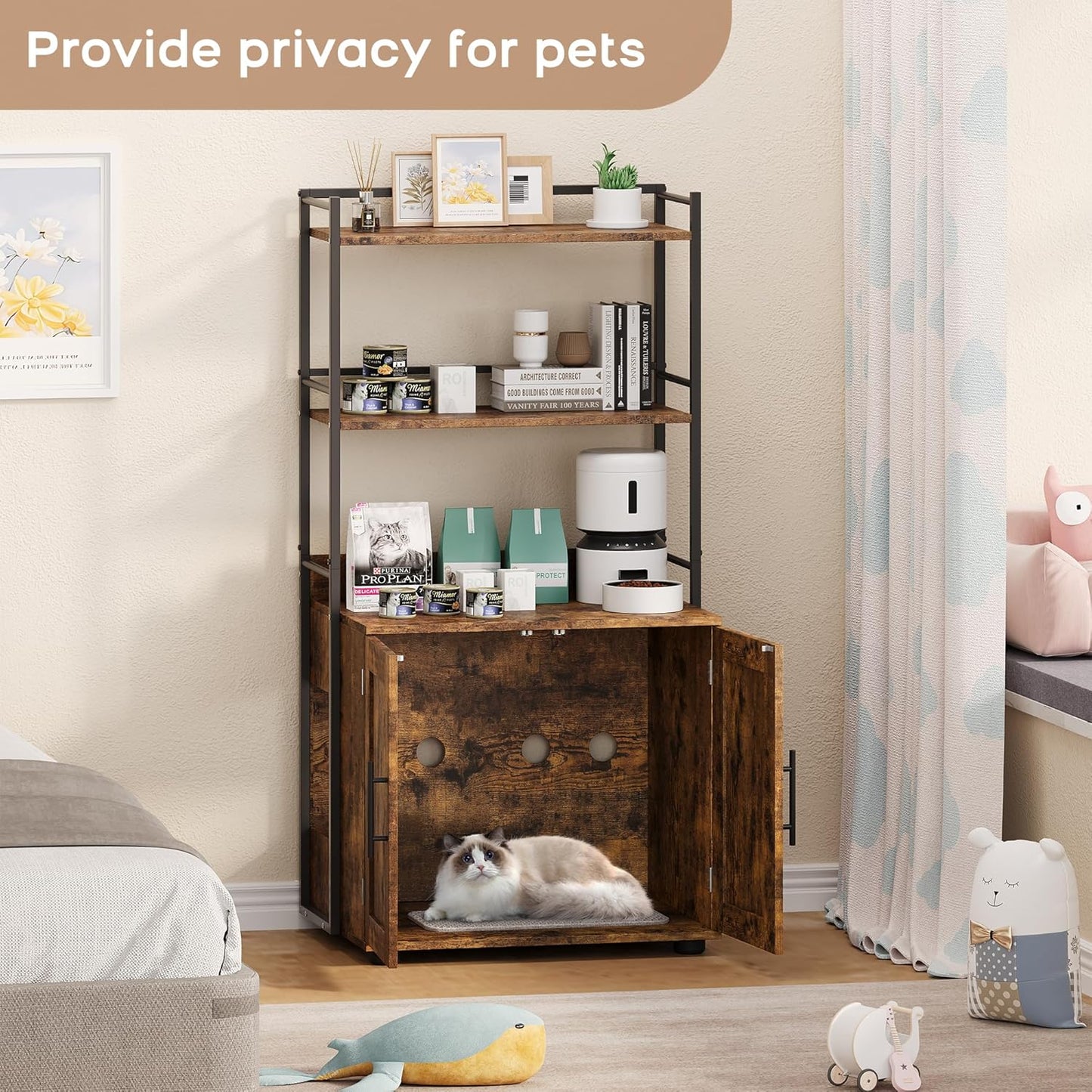 Cat Litter Box Enclosure with 2-Tier Storage Shelves and Doors, Hidden Cat Washroom Furniture with 2 Doors and Ventilation Holes, Indoor Large Cats House Cabinet Bookshelf for Most Litter Box - Brown