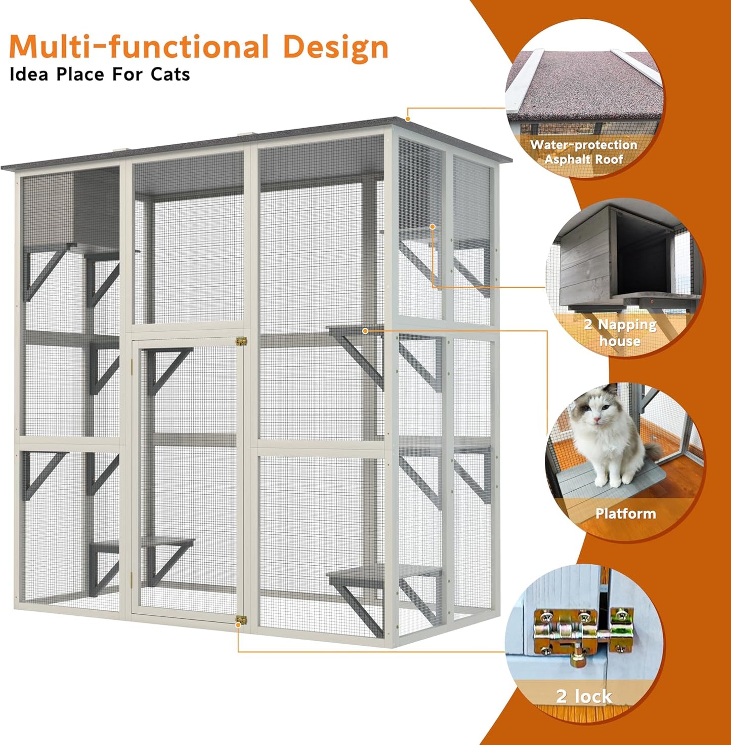 Wooden Catio Outdoor Cat Enclosure,71" H Outdoor Cat House W/ 8 Jumping Platforms & 2 Napping Houses,Walk-in Cat Patio Enclosure W/ 2 Safety Latches Doors & Weatherproof Asphalt Roof,Gray