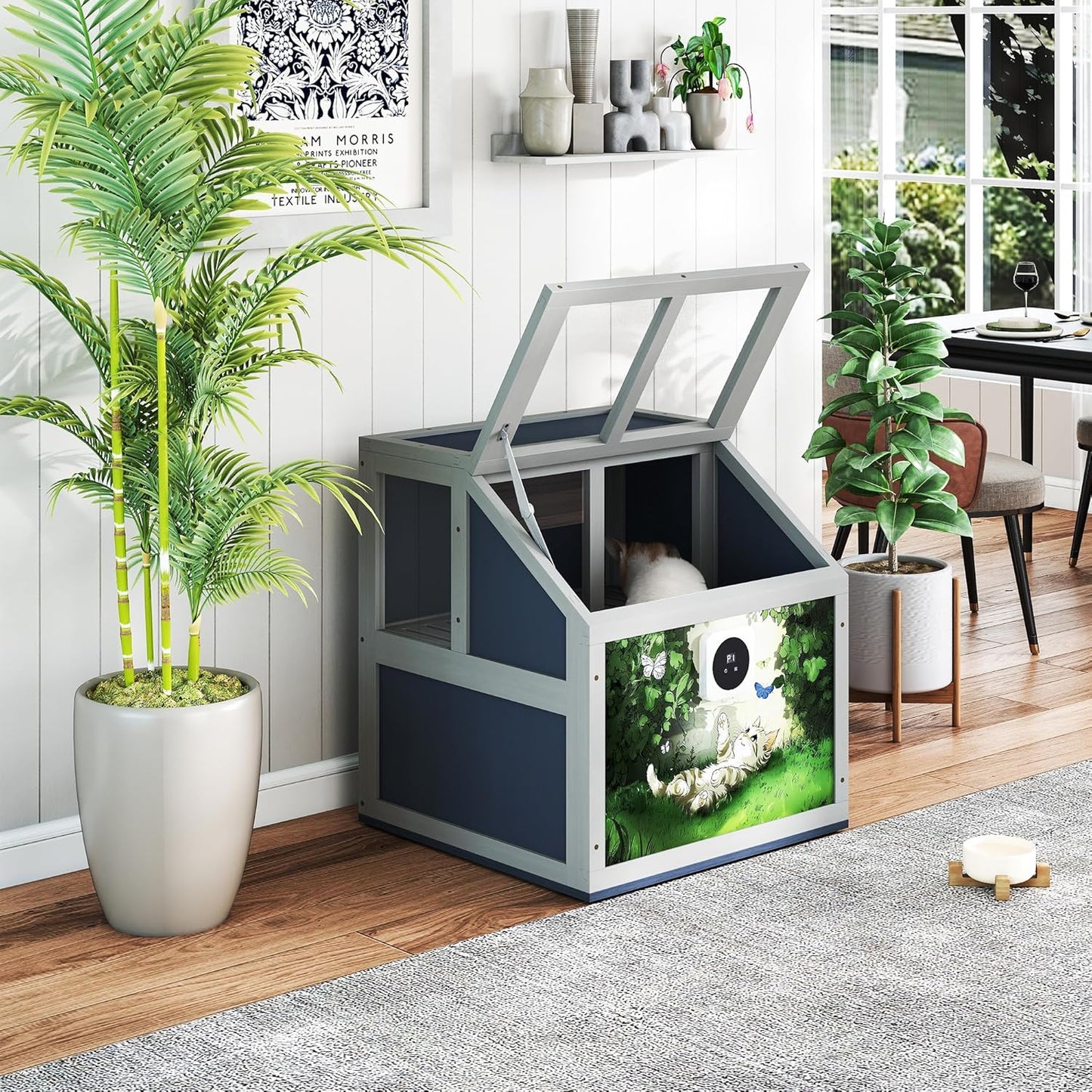 2-Tier Wooden Cat Litter Box Enclosure, Cat Toilet with Air Purifier, Openable Top, Litter Bags, Scoop, Low-Tracking, Odor Control, Kitty Litter House Cabinet Furniture, Gray