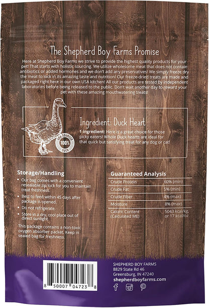 Shepherd Boy Farms Freeze Dried Dog and Cat Treats, Duck Heart, All Natural Freeze-Dried Dog Treat & Snack, Made in USA, High in Protein, Essential Nutrition of Raw Food, Single Ingredient 3oz