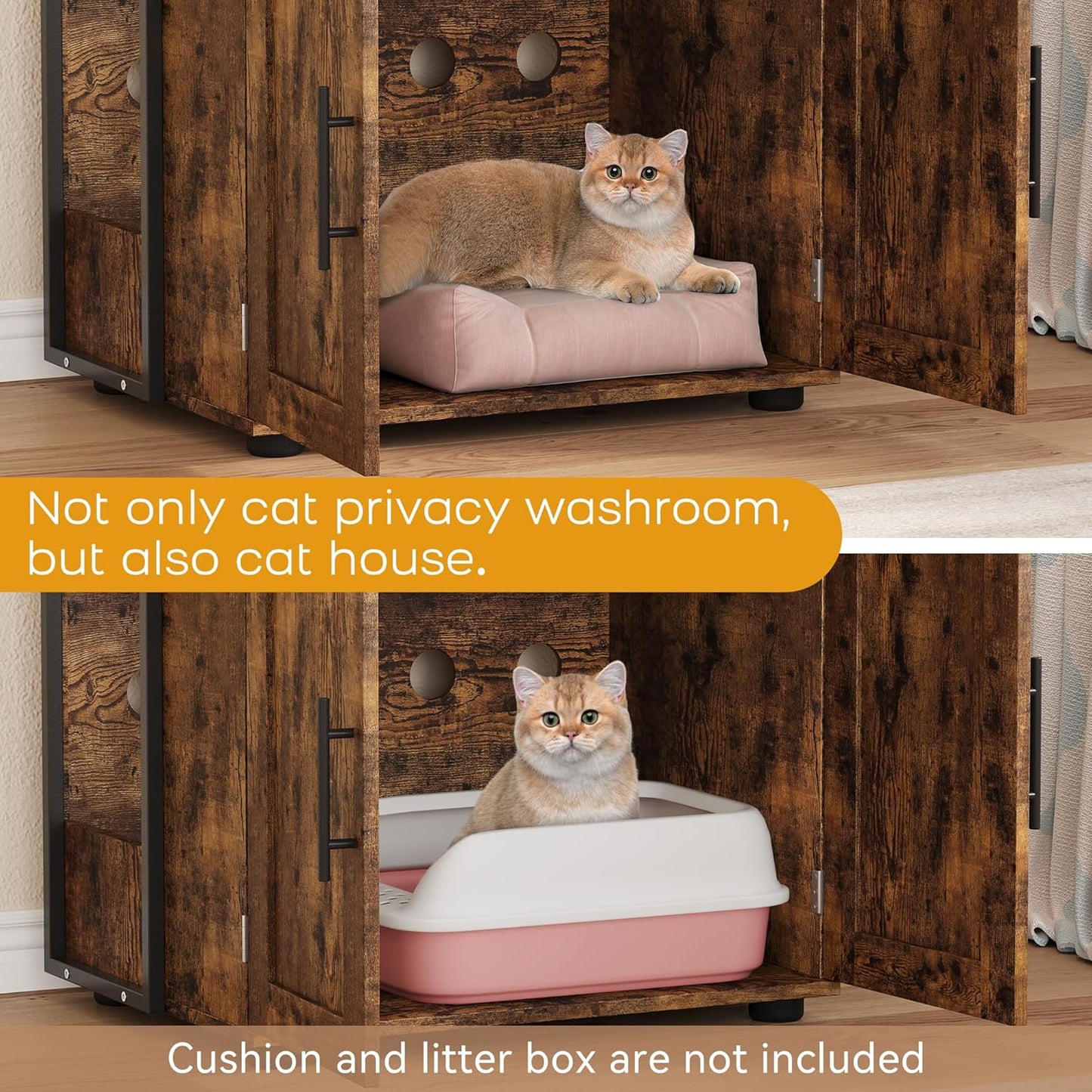 Cat Litter Box Enclosure with 2-Tier Storage Shelves and Doors, Hidden Cat Washroom Furniture with 2 Doors and Ventilation Holes, Indoor Large Cats House Cabinet Bookshelf for Most Litter Box - Brown