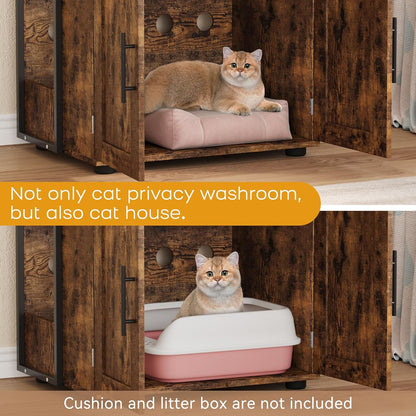 Cat Litter Box Enclosure with 2-Tier Storage Shelves and Doors, Hidden Cat Washroom Furniture with 2 Doors and Ventilation Holes, Indoor Large Cats House Cabinet Bookshelf for Most Litter Box - Brown