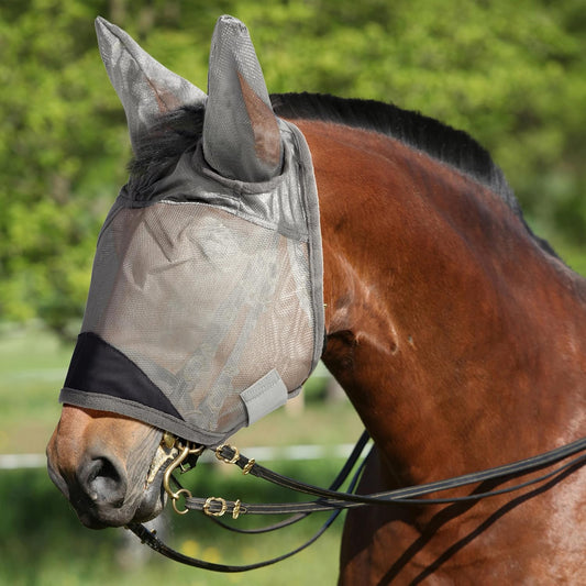Horse Fly Mask, Super Comfort Fly Masks for Horses, Adjustable UV Protection Breathability Horses Fly Masks with Ears, Pony Mini Equine Fly Mask for Miniature Foal Draft Cob Srabian Full (Gray, L)