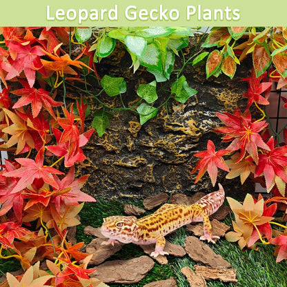 BNOSDM Reptile Plants Habitat Decorations with Suction Cup Terrarium Hanging Plant Bearded Dragon Tank Accessories Artificial Leaves Reptile Hide for Lizard Snake Leopard Gecko Chameleon (Red)