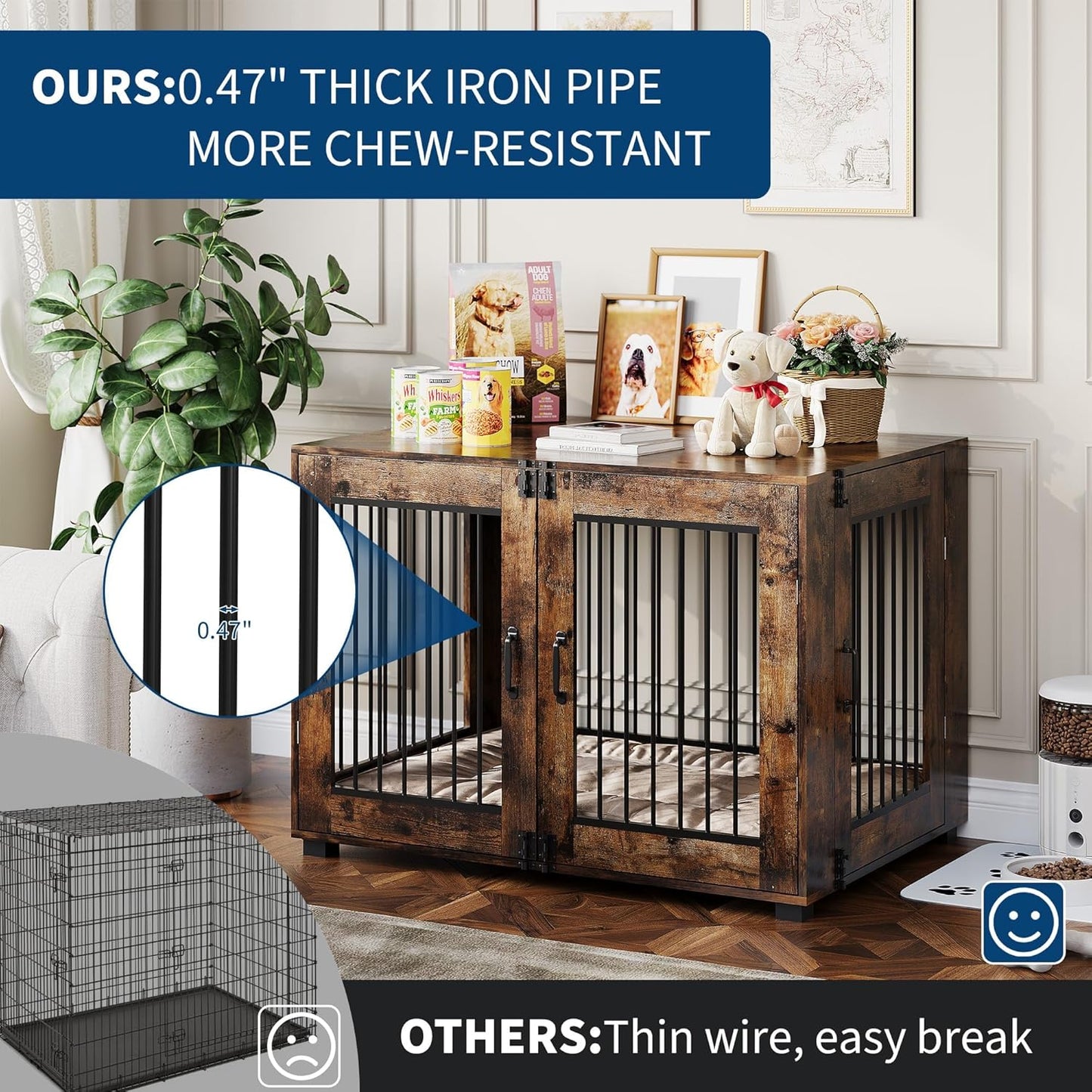 31.5" Wooden Dog Crate Furniture, Indoor Dog Kennel End Table with Dual Doors, Rustic Decorative Pet House Cage, for Medium-Size Dogs, Chew-Resistant, Ventilated, Brown