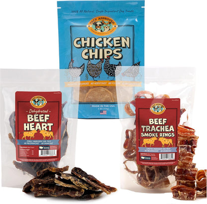 Dog Treats Nutrient Rich Bundle - Chicken Chips, Beef Trachea Smoke Rings, & Beef Heart