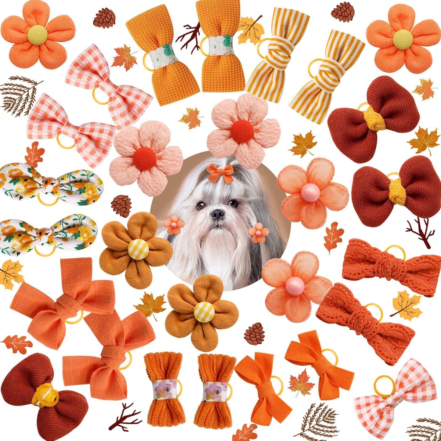Mruq Small Dog Hair Bows with Rubber Bands, Mix Handmade Cute Puppy Gooming Flower Ball Bows for Holiday Daily Accessories (Orange-A326)