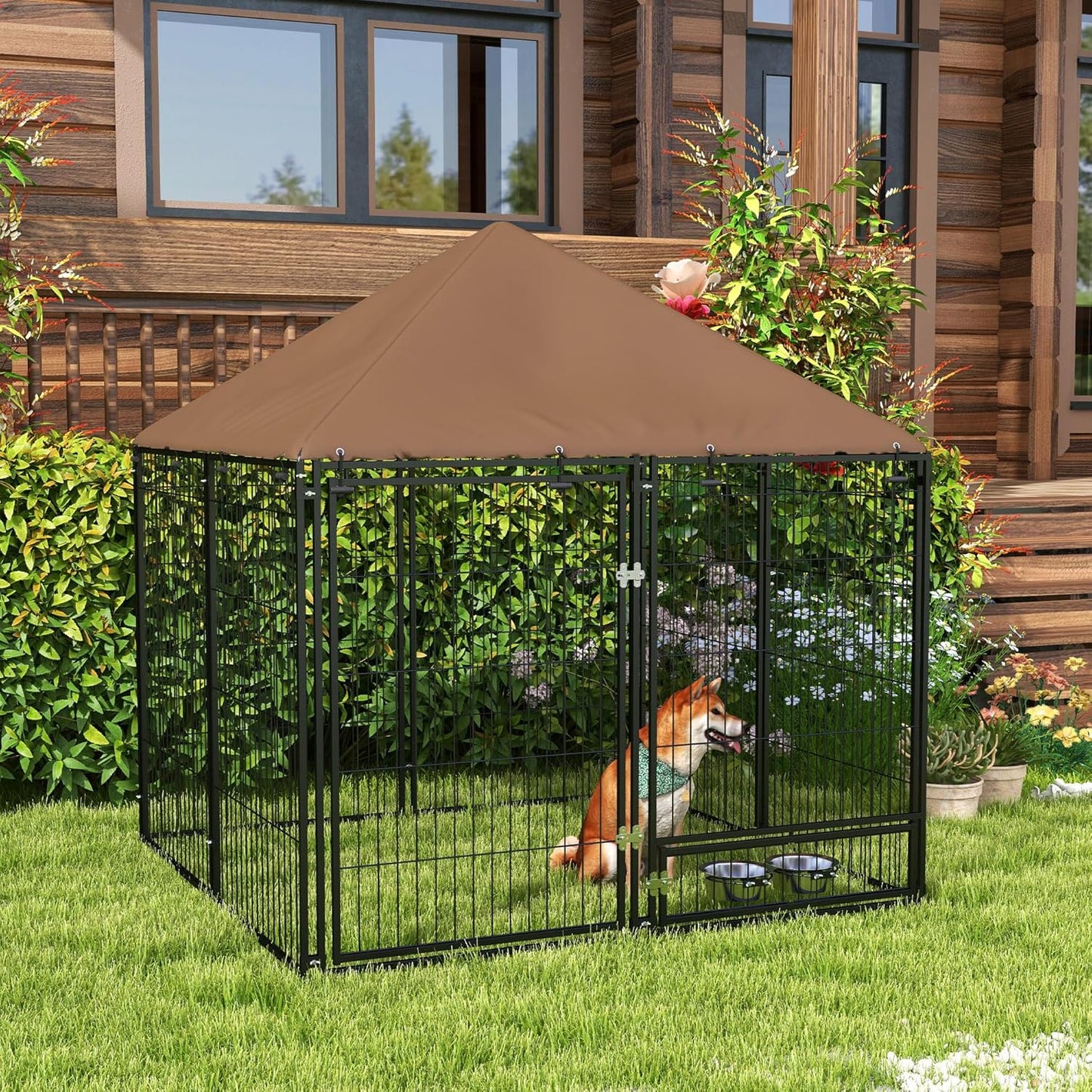 Dog Crate Furniture Style Outdoor Kennel with Canopy, 4.6' x 4.6' x 5' Large Dog Cage House Playpen Enclosure with Rotating Bowl, Durable Garden Playpen Fence Crate,Black
