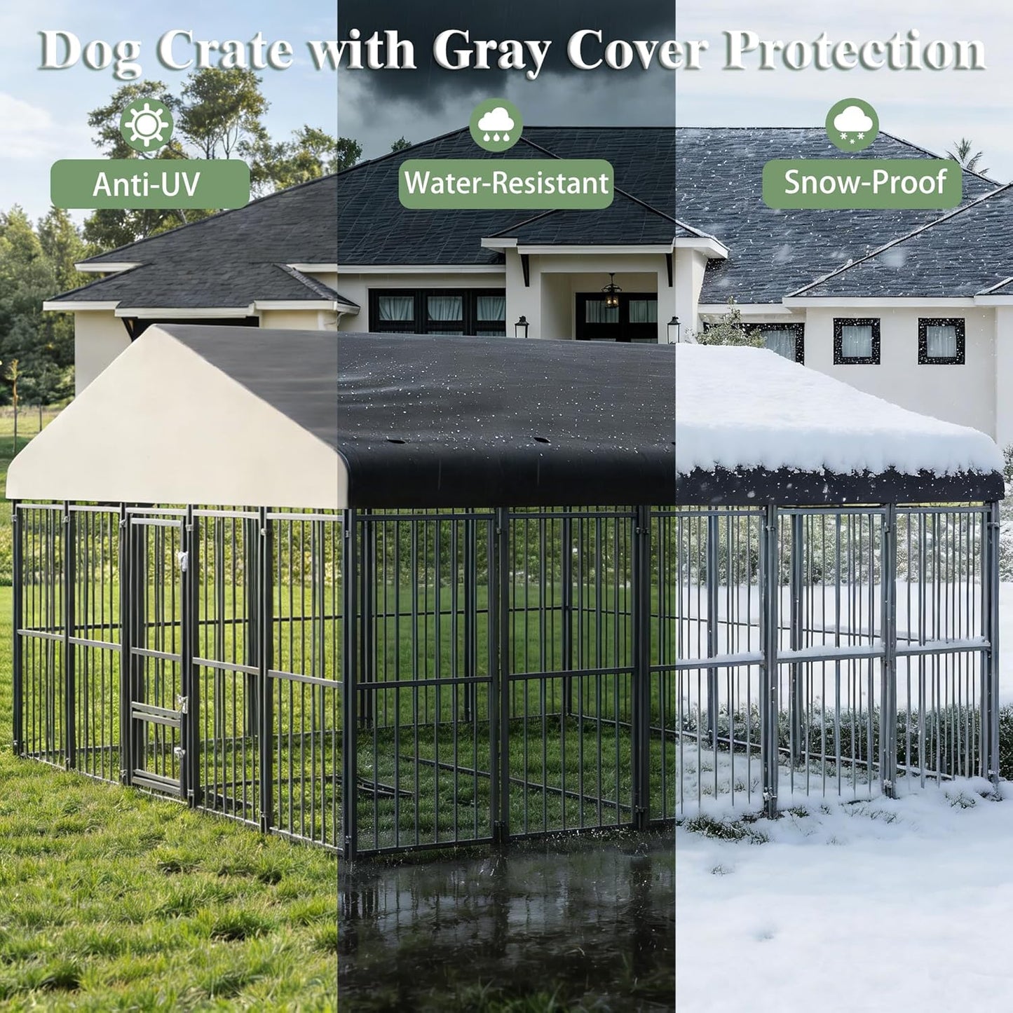 10x14FT Outdoor Dog Kennel, Heavy Duty Dog Run Enclosure with Feeding Door, Large Outside Dog Kennel with Roof & Double Locks for Pets House