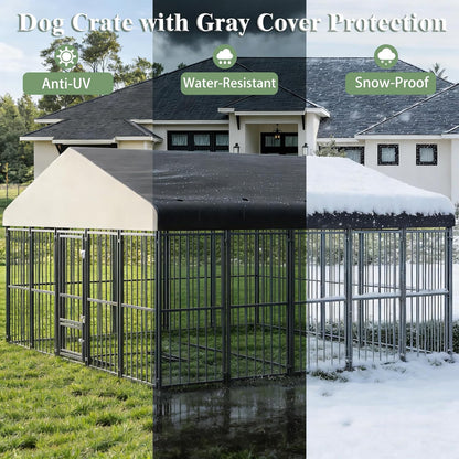 10x14FT Outdoor Dog Kennel, Heavy Duty Dog Run Enclosure with Feeding Door, Large Outside Dog Kennel with Roof & Double Locks for Pets House