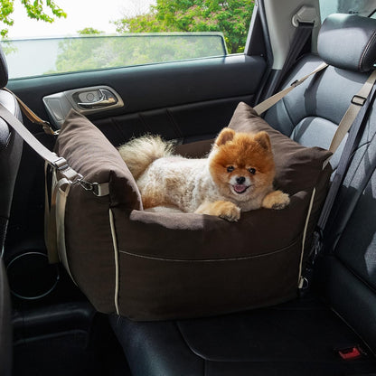 Lesure Small Dog Car Seat for Small Dogs - Soft Dog Booster Seat for Car with Storage Pocket and Clip-On Safety Leash and Thickened Memory Foam Filling, Pet Travel Carrier Bed Brown