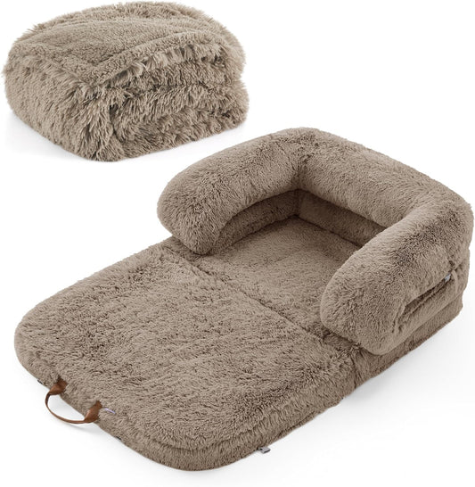 LE SURE Foldable Human Dog Bed 3 in 1 Taupe 68" with Bedsure Waterproof Dog Blankets for Large Dogs 60"x80", Brown