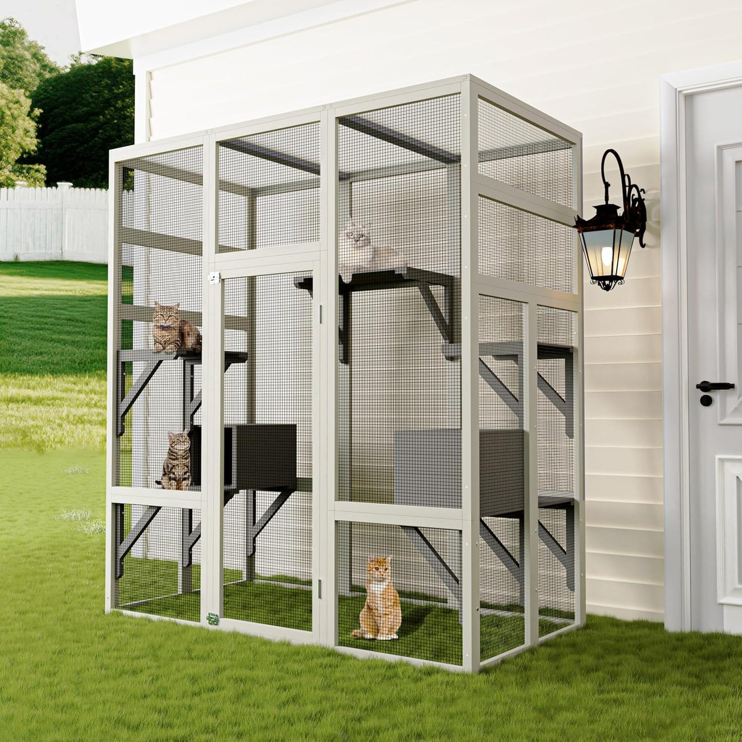 70'' Catio Outdoor Cat House, Cat Enclosure for Mulitiple Cats Large Walk in Catio with Waterproof Cover, Feral Cats Shelter with Platforms and 2 Resting Box