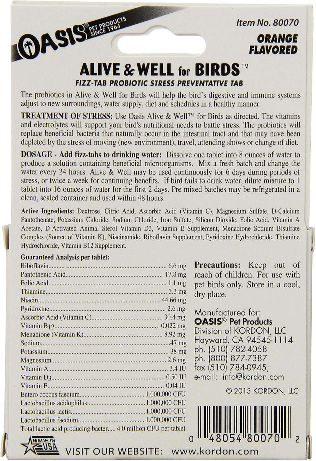 OASIS #80070 Alive and Well, Stress Preventative & Pro-Biotic Tablets for Birds, white, 1 Count (Pack of 1)