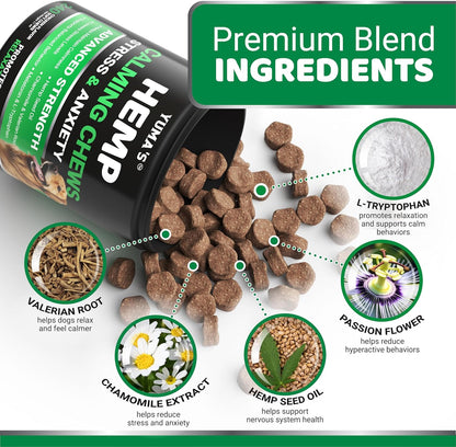 Hemp Calming Chews for Dogs - 240 Treats - Advanced Dog Calming Chews - Anxiety Relief Supplement Treats with Melatonin - Sleep Aid for Separation, Barking, Stress, Hip and Joint Support Made in USA