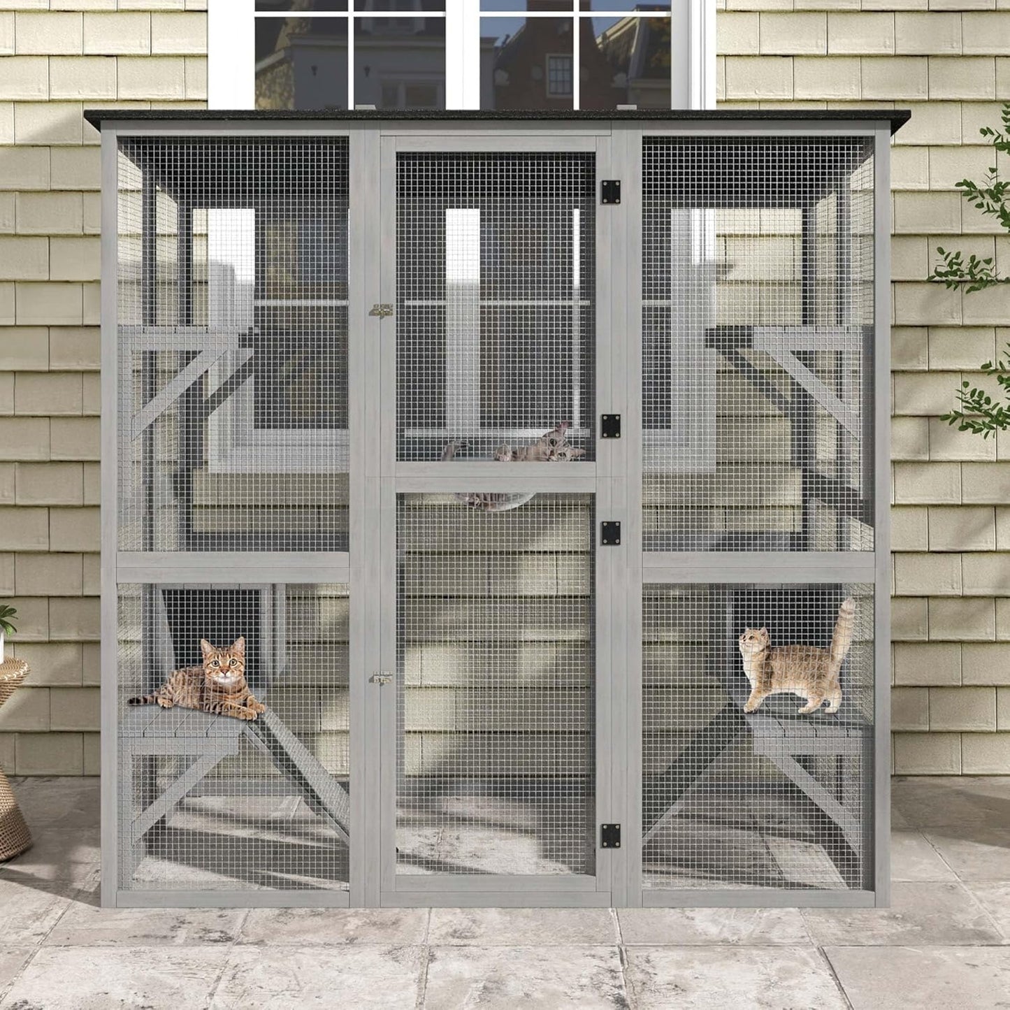 DWVO Cat House Outdoor Catio Kitty Enclosure 71" Walk in Cat Kennel Large Kitten Cage with Platforms, 2 Cats Scratcher Ramp and Small Cats House, Space Capsule Bed
