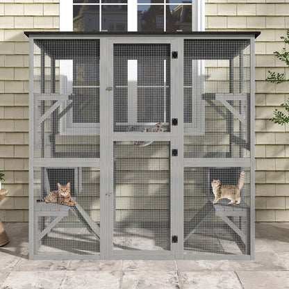 DWVO Cat House Outdoor Catio Kitty Enclosure 71" Walk in Cat Kennel Large Kitten Cage with Platforms, 2 Cats Scratcher Ramp and Small Cats House, Space Capsule Bed
