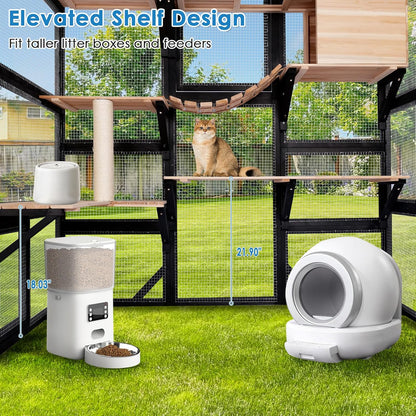 FunXplore Large Catio Outdoor Cat Enclosure Window 73" H Walk-in Cat House Kitty Cage for Multiple Indoor Outdoor Cats Outside Patio with 5 Access Doors Waterproof Roof