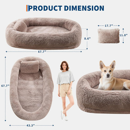 67 in x43 in x8 in Human Dog Bed for Adult & Pets, Faux Fur Removable Human Dogs Bed with Pillow, Portable Handle, Side Pocket, Egg Orthopedic Foam, Large Dog Beds for Bedroom Living Room Office Brown