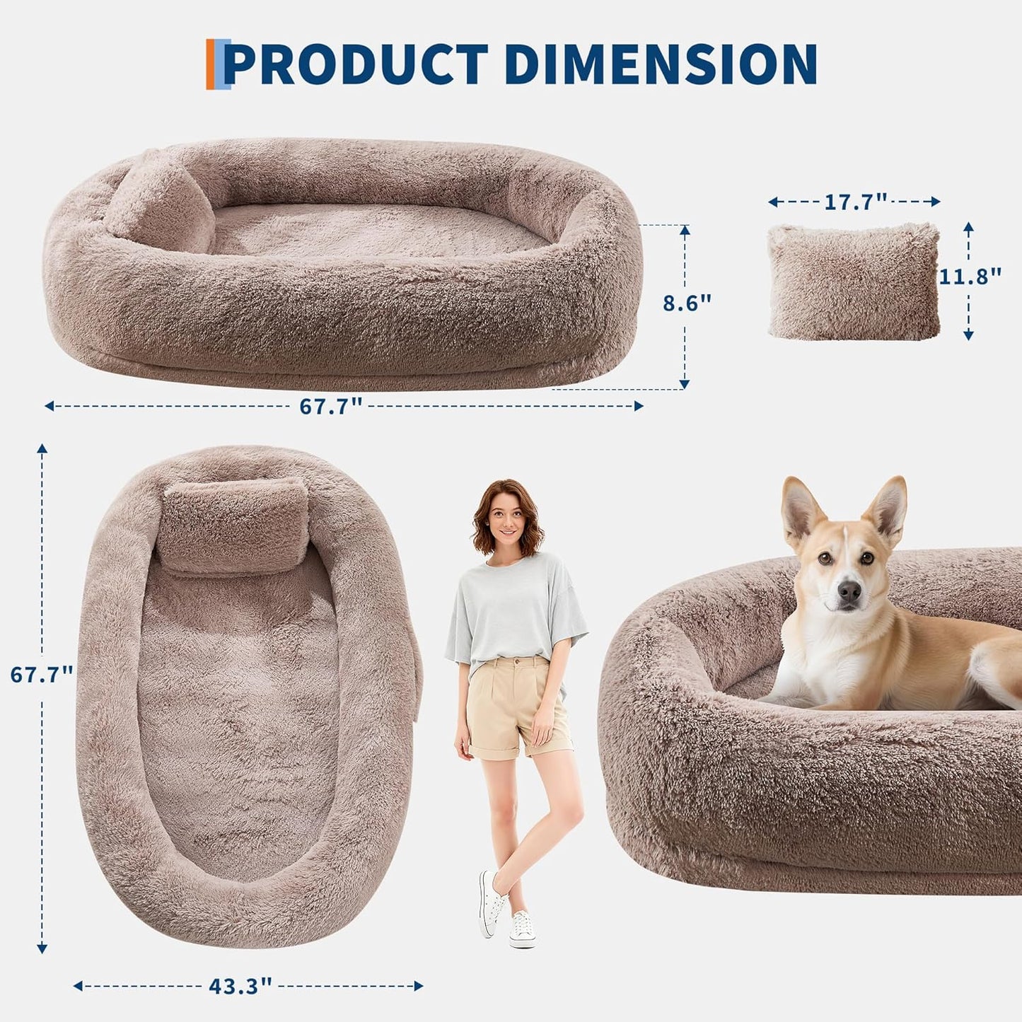 67 in x43 in x8 in Human Dog Bed for Adult & Pets, Faux Fur Removable Human Dogs Bed with Pillow, Portable Handle, Side Pocket, Egg Orthopedic Foam, Large Dog Beds for Bedroom Living Room Office Brown