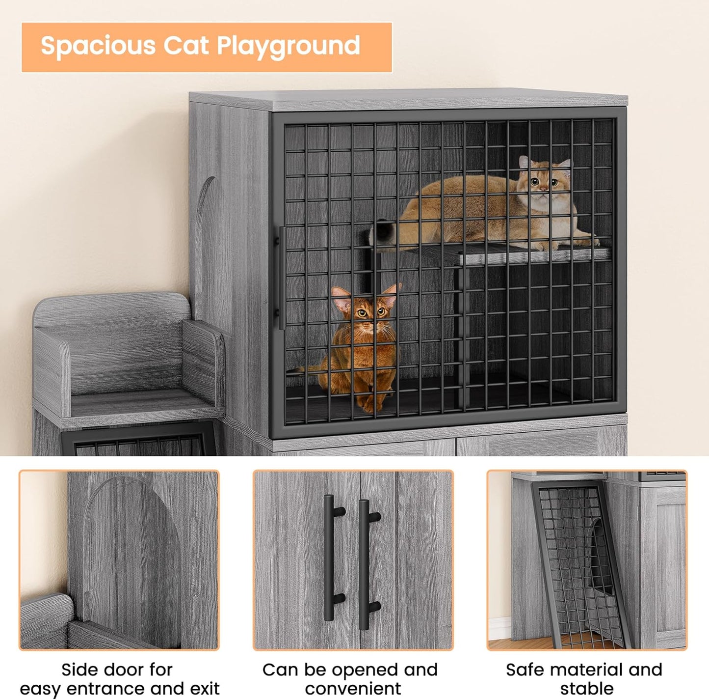 Modern Cat Litter Box Enclosure Furniture with Platform, 41.9" Double Layer Hidden Cat House with Ladder, Indoor Washroom Villa Cabinet for Large Cats, Wax Wood Color