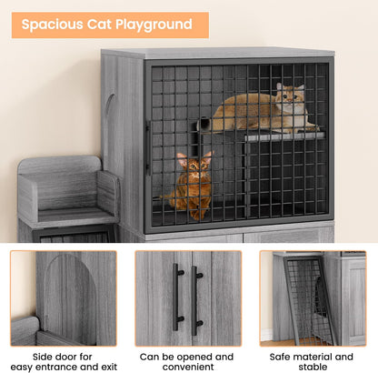 Modern Cat Litter Box Enclosure Furniture with Platform, 41.9" Double Layer Hidden Cat House with Ladder, Indoor Washroom Villa Cabinet for Large Cats, Wax Wood Color