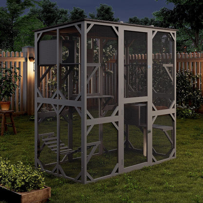 70 Inch Outdoor Walk-in Cat Enclosure with Window, Waterproof Roof Cattery with Bridge and Scratching Post Outdoor Patio Cat Playpen, Grey