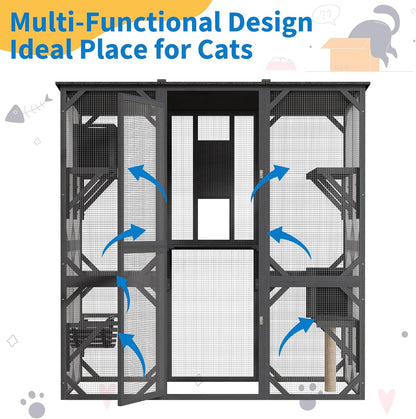 GAOMON Large Catio with Window Access, 70 Inch Outdoor Walk-in Cat Enclosure with Asphalt Roof, Scratch Post and Bridge, Catios for Cats Outdoor Patio Dark Grey