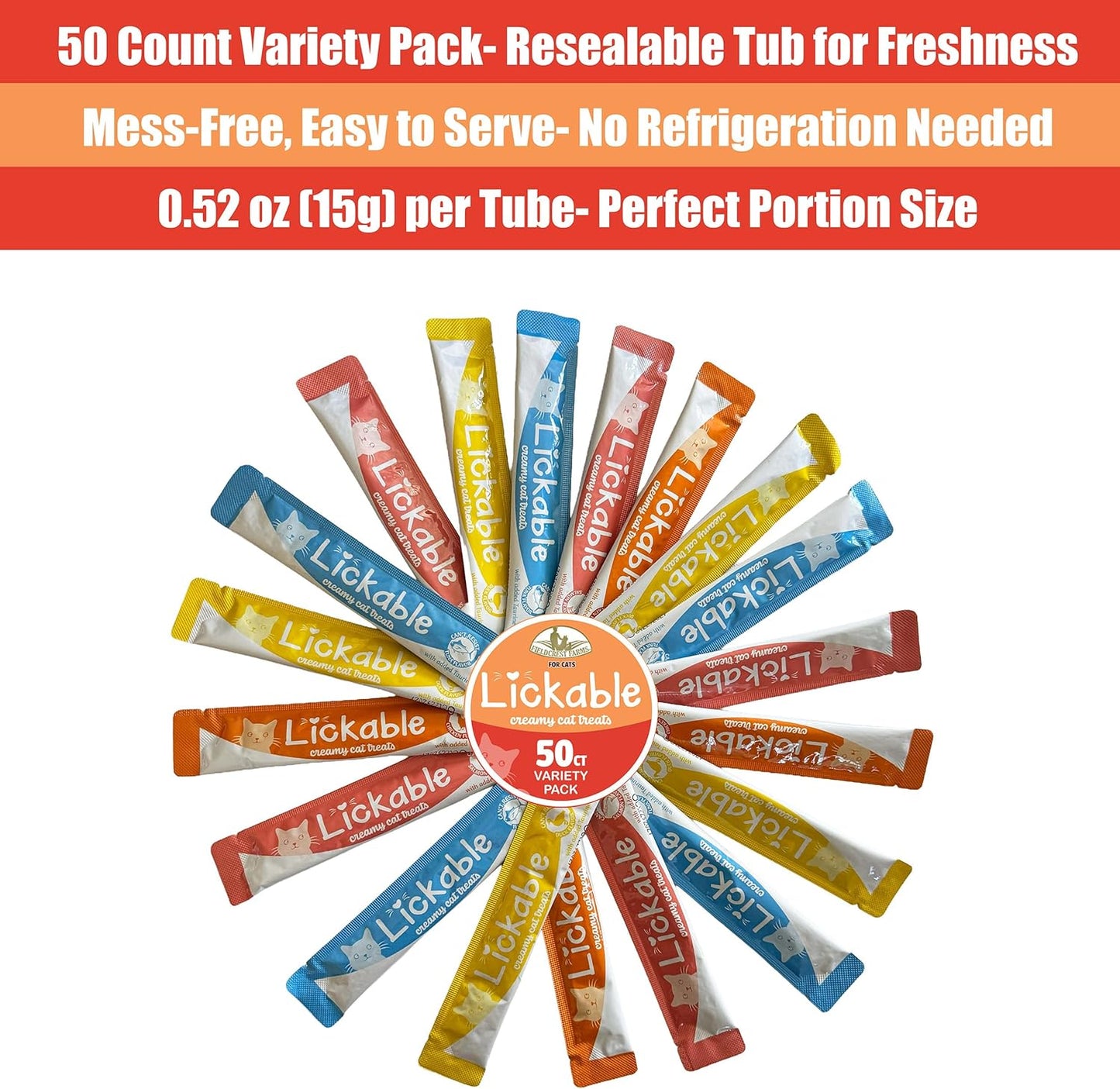 Fieldcrest Farms Lickable Creamy Cat Treats – 50ct Variety Pack – 4 Savory Flavors (Chicken, Tuna, Duck, Salmon) with Taurine – Smooth, Tasty Cat Treat Tubes – Serve by Hand, Dish, or as a Topper