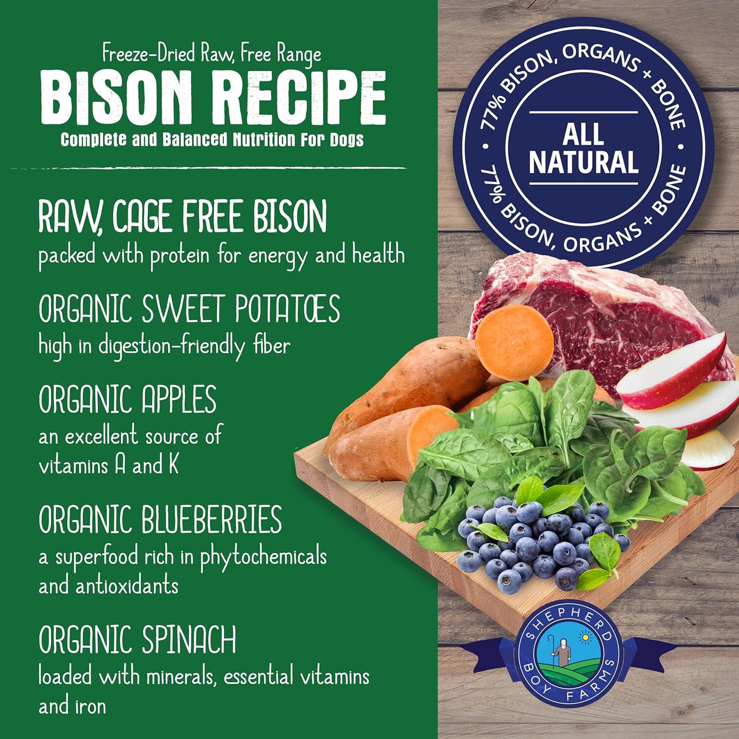 Shepherd Boy Farms Freeze Dried Raw Dog Food, Bison Recipe, All Natural, No Synthetics, Made in USA with Goat's Milk & Organic Produce, High Protein, Complete Meal (14oz)