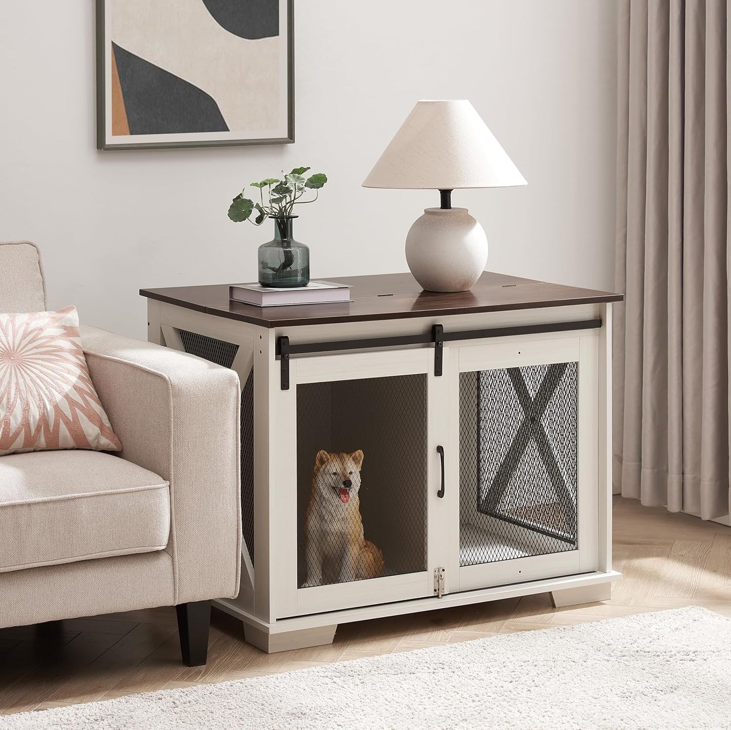 GREAZ Stylish Farmhouse Dog Cage with Sliding Barn Door, Functional Wooden Kennel with Flip-top for Small to Large Dogs, White