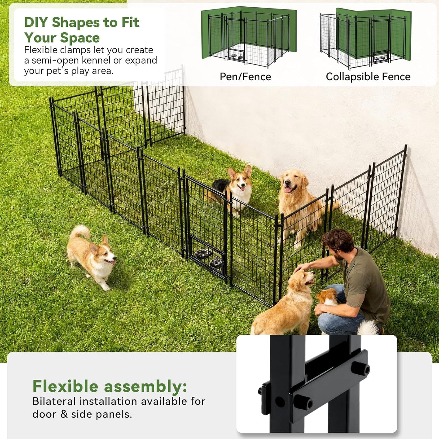 Oranland 4x4x5FT Dog Kennel Outdoor for Medium/Small Dogs, Welded Wire Outside Dog Pen, Anti-Rust Dog Run with Secure Lock/UV-Resistant Waterproof Roof/Swivel Stainless Steel Feeding Bowls