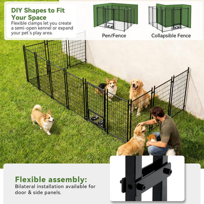 Oranland 4x4x5FT Dog Kennel Outdoor for Medium/Small Dogs, Welded Wire Outside Dog Pen, Anti-Rust Dog Run with Secure Lock/UV-Resistant Waterproof Roof/Swivel Stainless Steel Feeding Bowls