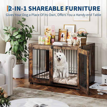 31.5" Wooden Dog Crate Furniture, Indoor Dog Kennel End Table with Dual Doors, Rustic Decorative Pet House Cage, for Medium-Size Dogs, Chew-Resistant, Ventilated, Brown