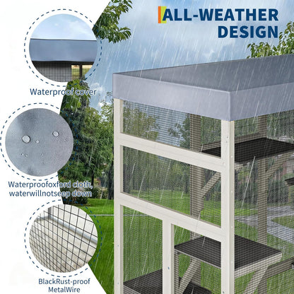 70'' Large Catio Outdoor Cat Enclosure with Perches and Condos, Wood Cat Patio with Waterproof Roof, Feral Cats Shelter 5 Platforms & 2 Resting Box, UV-Resistant Cover Roof