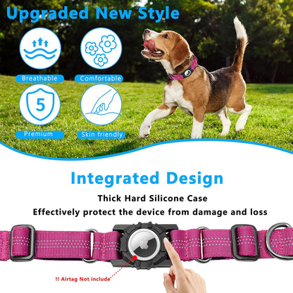 Airtag Dog Collar, Upgraded Reflective Airtag Dog Collar Holder, Heavy Duty Pet Collar with Airtag Holder, Adjustable Nylon Puppy Collars for Small Medium Large Dogs(S(12.6’’-14.5’’), Rose red)