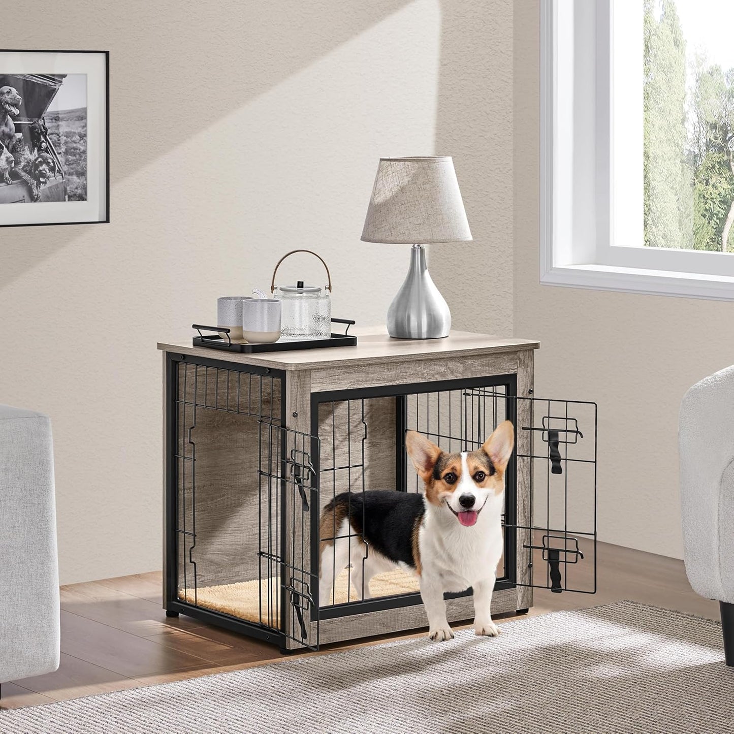 Yaheetech 27.5'' Dog Crate Furniture with Cushion Wooden Dog Crate with Double Doors/Adjustable Feet Side End Table for Small/Medium Dogs, Greige