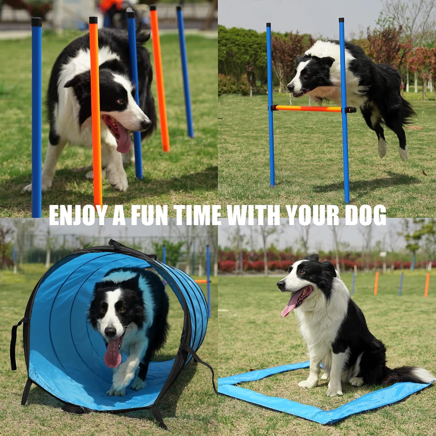 Dog Agility Training Equipment Pet Obstacle Training Course Kit Dog Outdoor Games with Tunnel, Adjustable Hurdle, Pause Box, Toys and Carrying Bag
