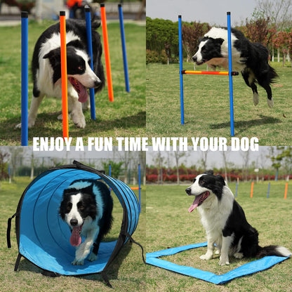 Dog Agility Training Equipment Pet Obstacle Training Course Kit Dog Outdoor Games with Tunnel, Adjustable Hurdle, Pause Box, Toys and Carrying Bag