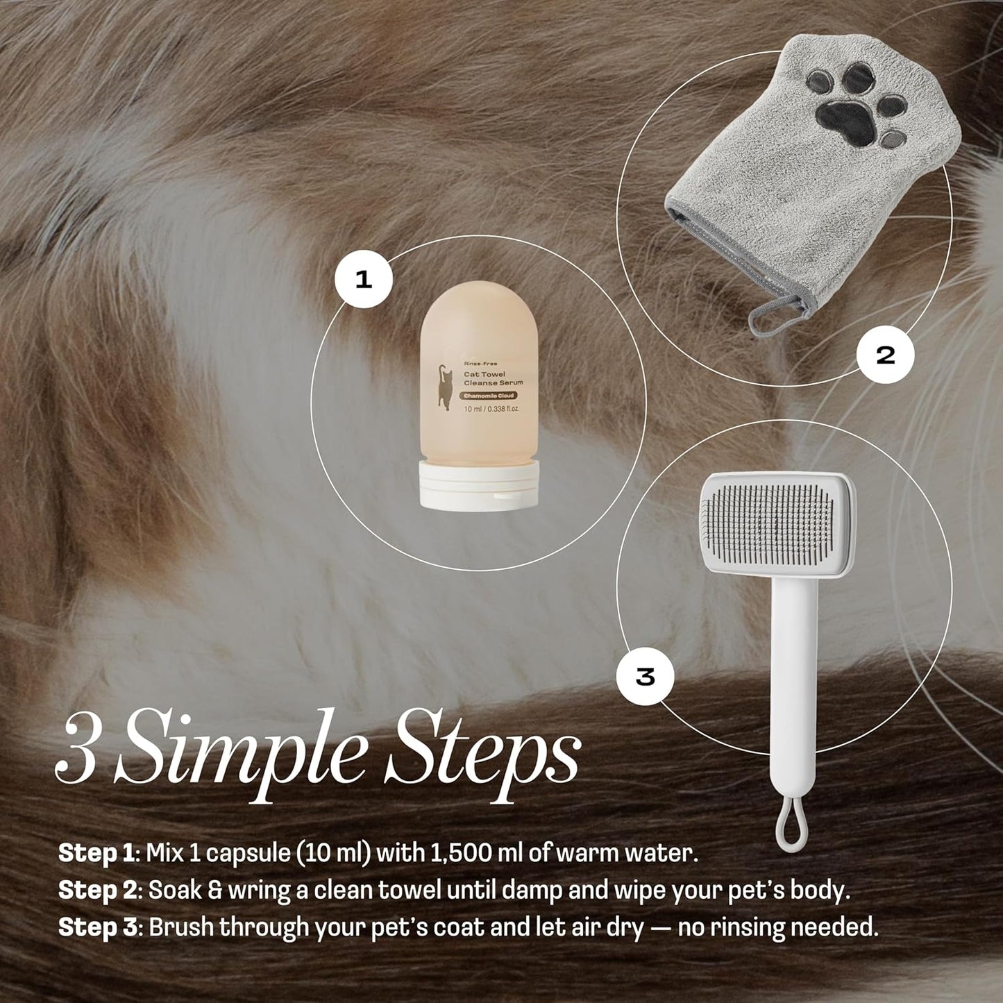 Cat Rinse-Free Shampoo & Conditioner – Dry Shampoo Towel Cleanse for Sensitive Skin, Stress & Itch Relief Gentle Leave-in Serum – 98.65% Naturally Derived, Hydrate & Deodorize – 8 x 10ml