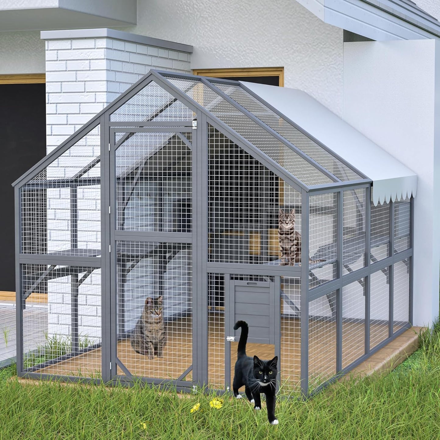 110" Wide Catio Enclosure,Wooden Outdoor Cat Catio - XL Walk-in w/60 Human Door, 2 Suspension Bridges & 5 Platforms | Weatherproof Oxford Roof & Safety Latches,(Gray)