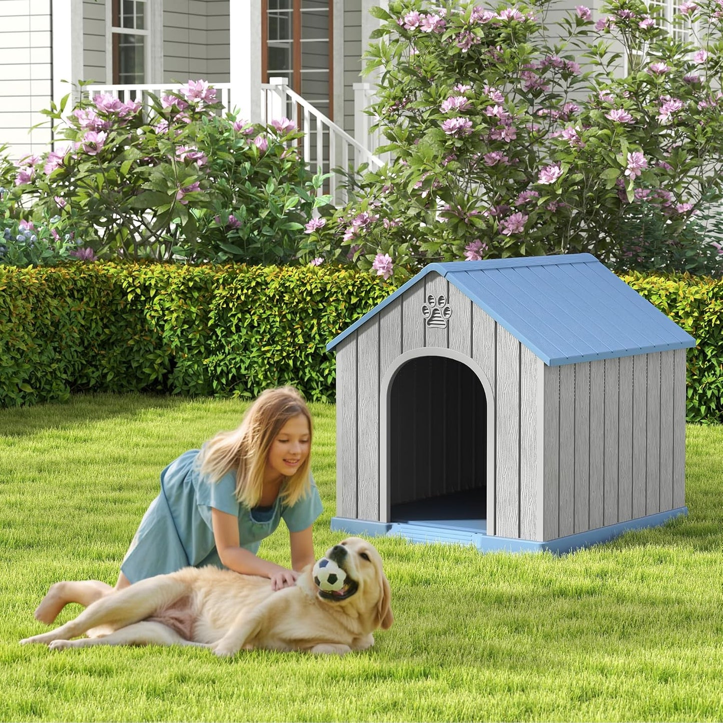 Fancyango Dog House Outdoor Indoor, Weatherproof Dog House with Elevated Floor and Air Vents for Medium to Large Dogs,Easy Clean and Assemble (Blue, 36.2''L×38''W×38''H)
