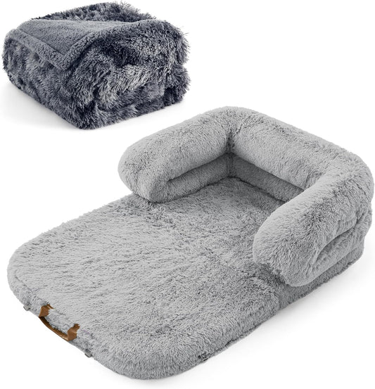 LE SURE Foldable Human Dog Bed - 3 in 1 with Bedsure Waterproof Dog Blankets for Large Dogs 50"x60", Tie-dye Grey